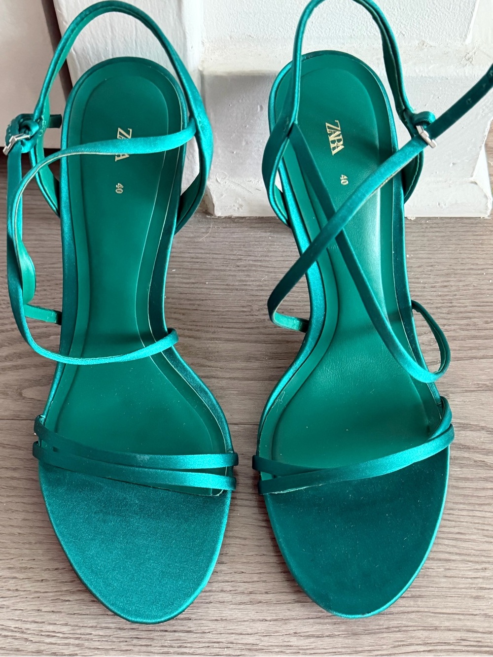 Zara Emerald Strappy Satin Heeled Sandals